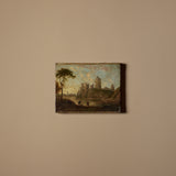 Peinture de scène de château au bord de rivière européenne non signée vers 1900 sur toile tendue (11" x 8")
