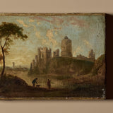 Peinture de scène de château au bord de rivière européenne non signée vers 1900 sur toile tendue (11" x 8")