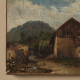 Peinture à l’huile de paysage de ferme européenne signée vers 1880 sur toile tendue (13" x 11")