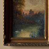 Paysage de bord de rivière européen avec cygnes signé vers 1800 (12" x 14")
