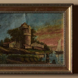 Peinture à l’huile de port avec voiliers européenne ancienne non signée (13" x 10")