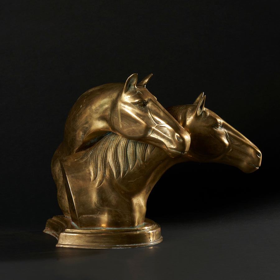 Large Vintage Brass Bust with Two Horses