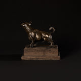 Bronze Charging Bull on Wooden Pedestal