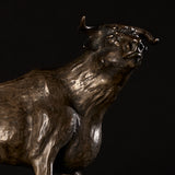 Bronze Charging Bull on Wooden Pedestal