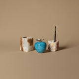 1960s Onyx Desk Set with Blue Marble Apple Paperweight