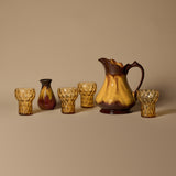 1960s Drip Glaze Pitcher with Bud Vase & Amber Thumbprint Glasses