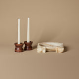 Bougeoirs vintage en bois tourné et vide-poche en onyx sculpté