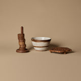Stoneware Bowl with Wooden Napkin Rings & Trivet