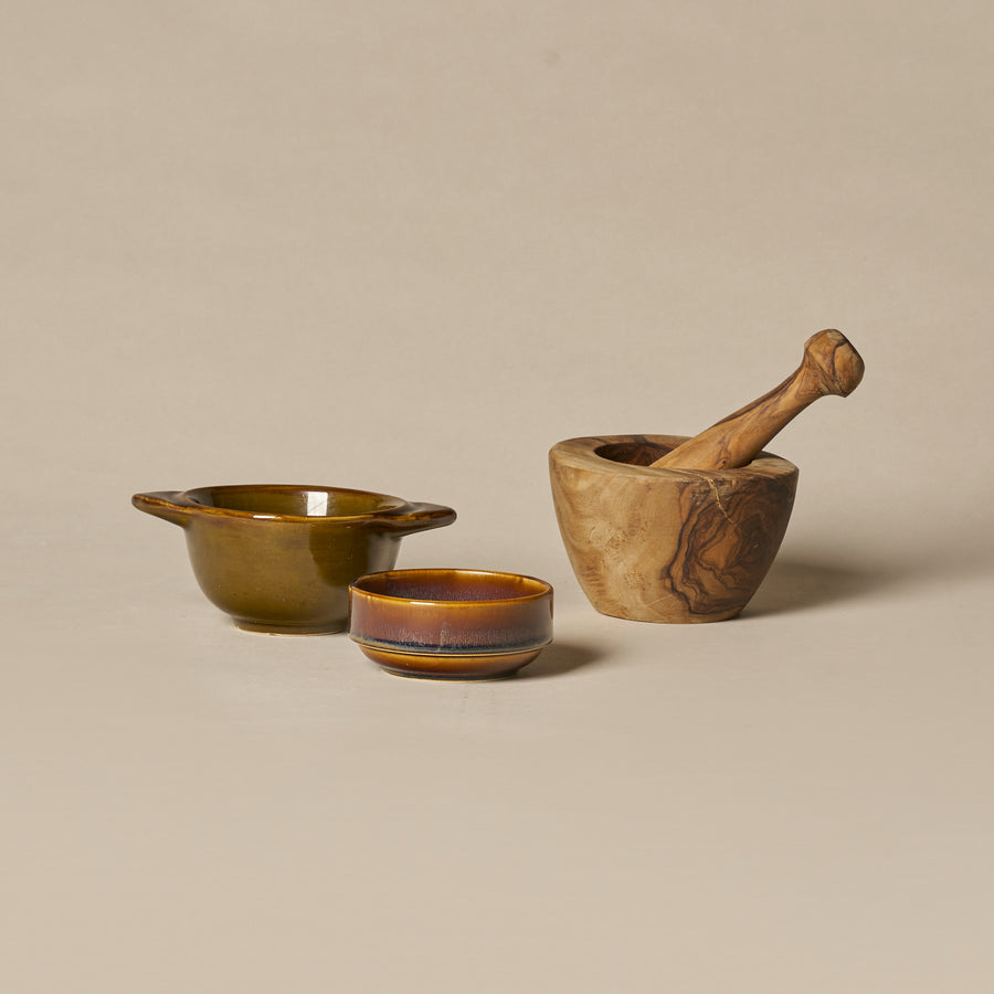 Glazed Ceramic Bowls & Olivewood Mortar and Pestle