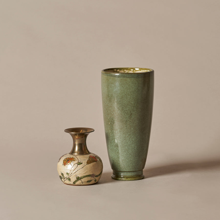 Enamel Brass & Ceramic Vase Ensemble