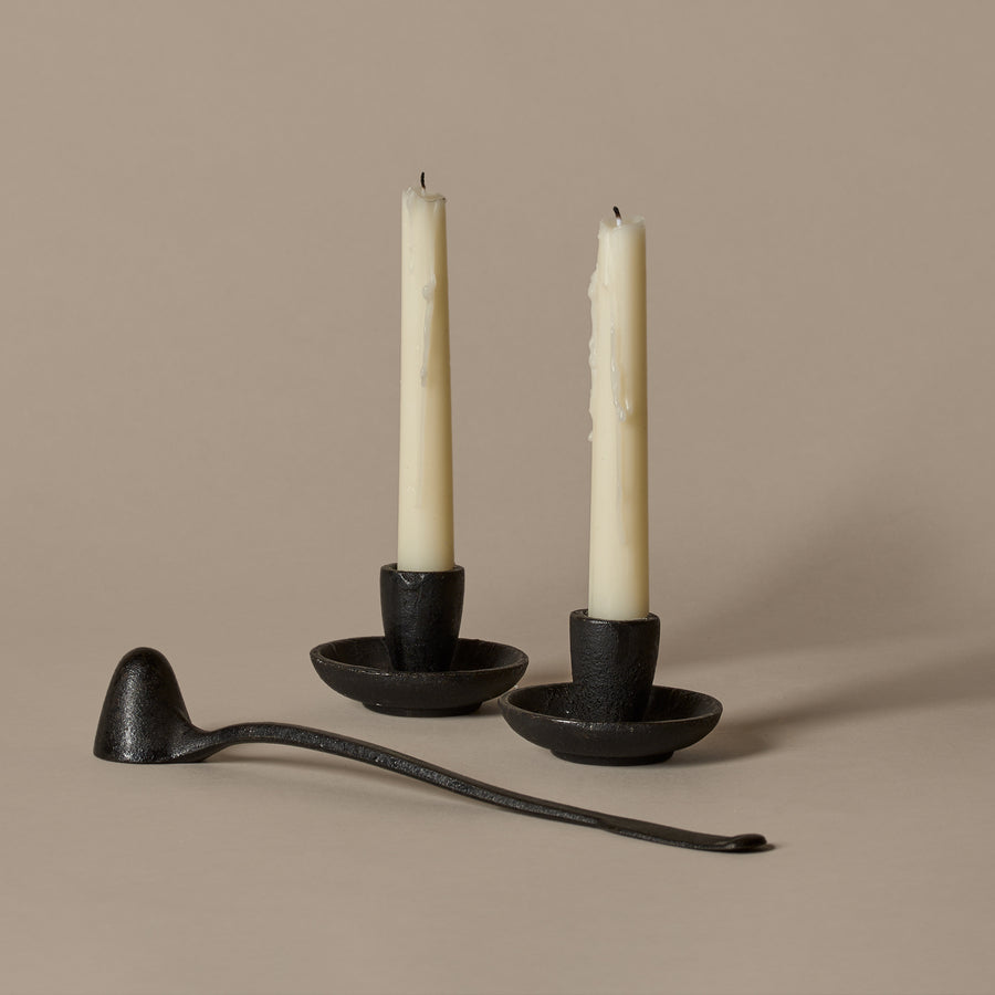 Set of Vintage Cast-Iron Candleholders with Snuffer