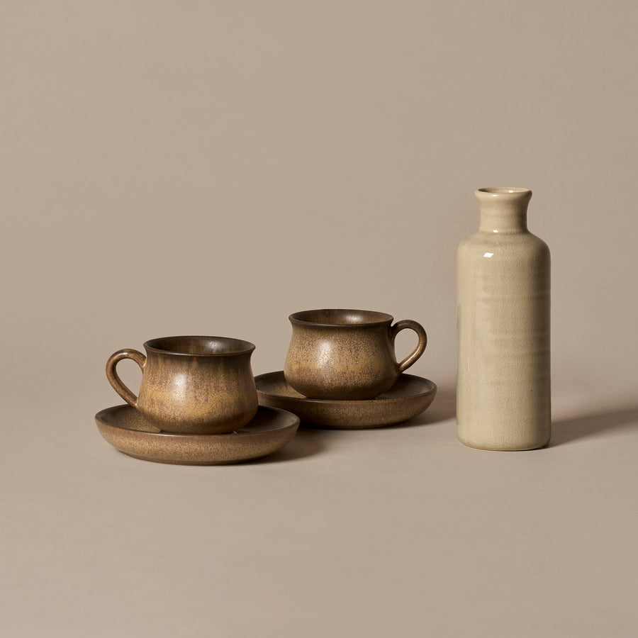 1960s Denby Romany Cup & Saucer Set with Tall Vase