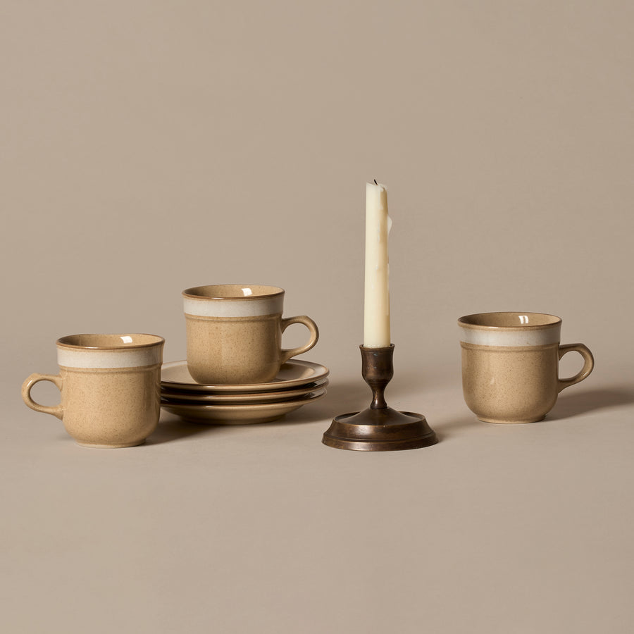 Midcentury Stoneware Mugs & Solid Brass Candle Holder