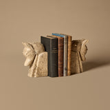 Carved Fossil Marble Horse Head Bookends & Antique Books