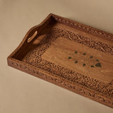 Handcarved Decorative Wood Tray with Brass Inlay