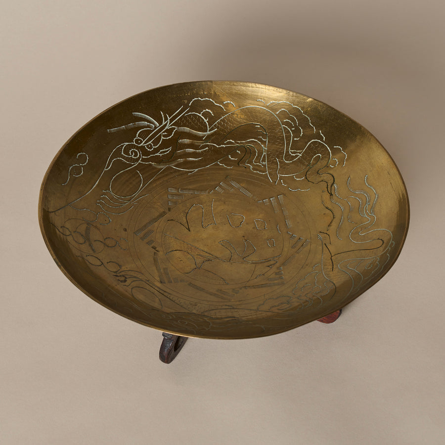Bol chinois vintage avec motif de dragon gravé et base artisanale