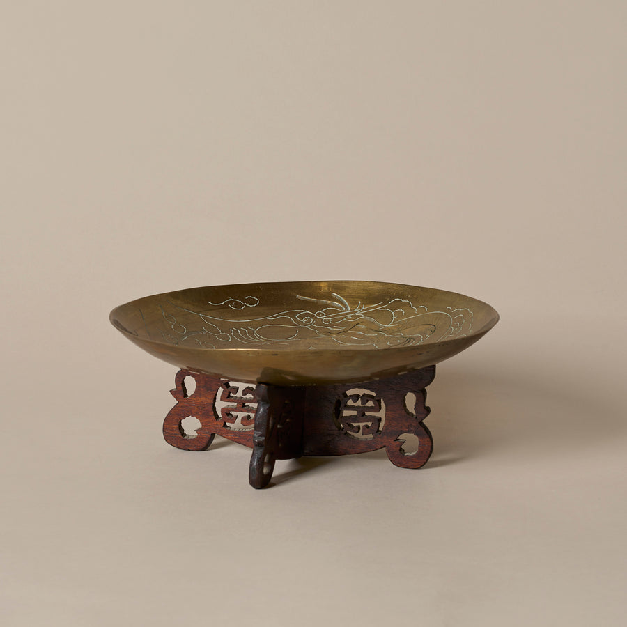 Bol chinois vintage avec motif de dragon gravé et base artisanale